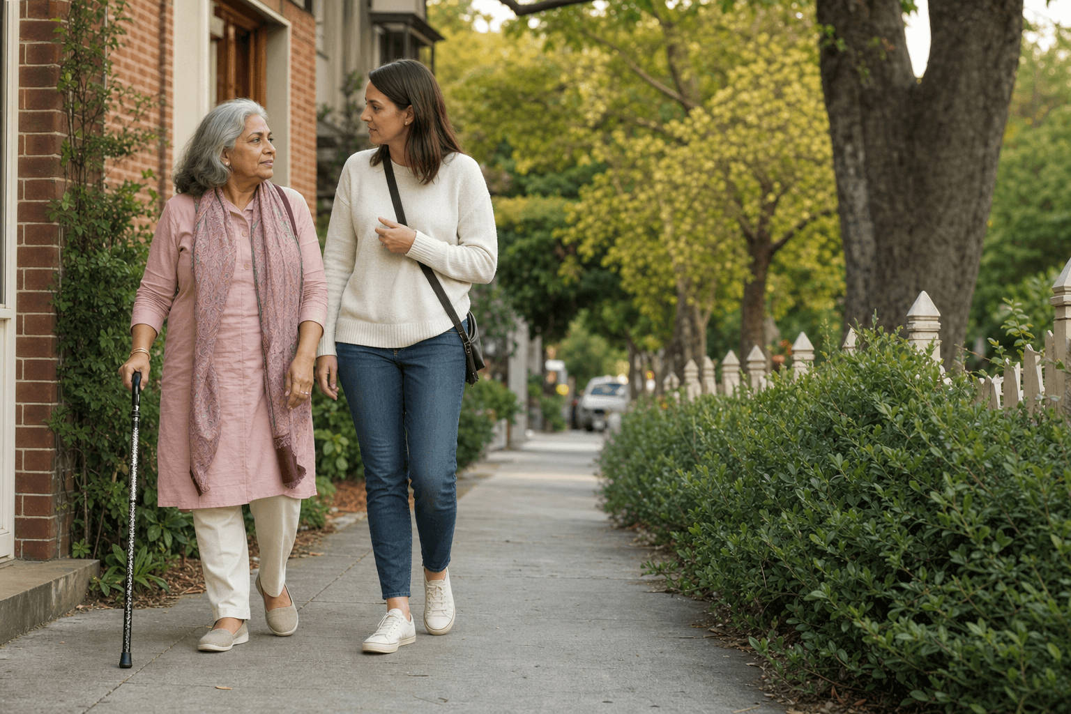 An older woman and her companion taking a walk through the neighborhood